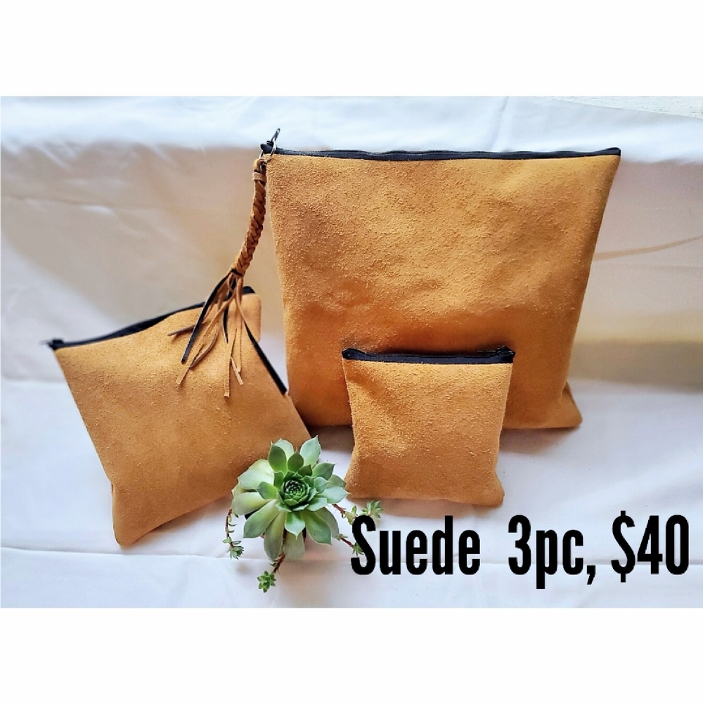 SUEDE COSMETIC BAGS, SET OF 3